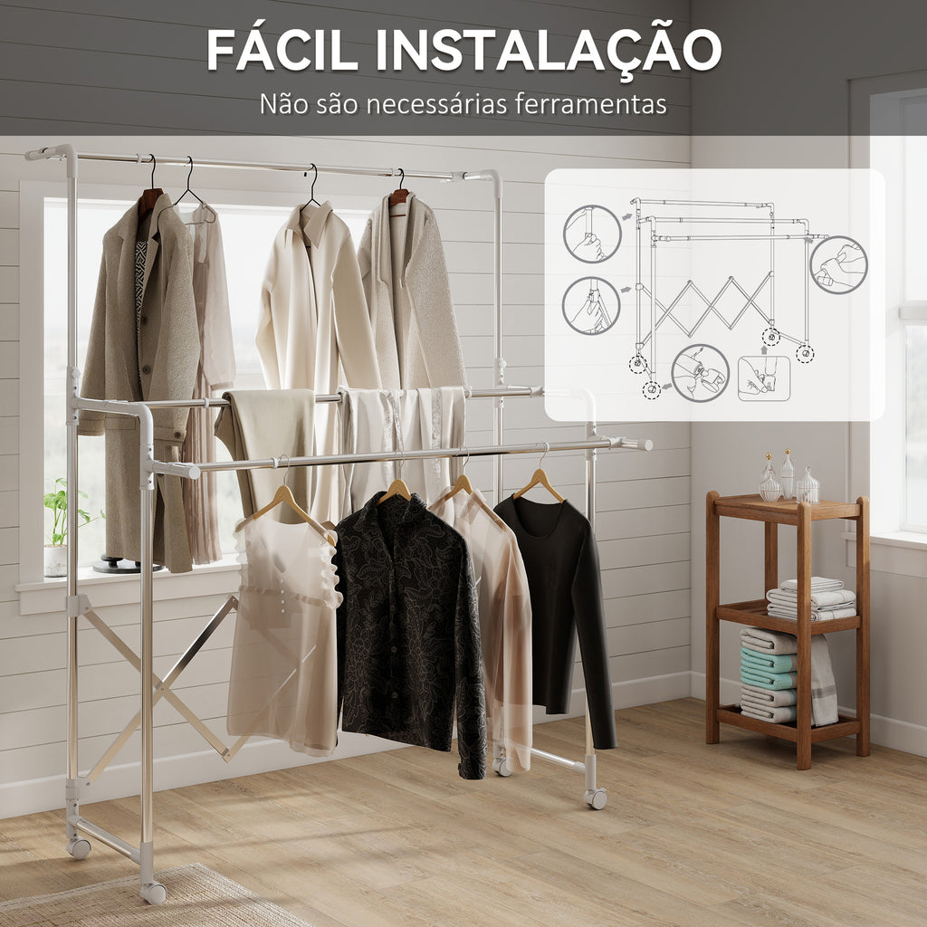 Estendal Vertical Dobrável de 3 Níveis Estendal de Aço Inoxidável com 3 Barras Ajustáveis e Extensíveis 4 Rodas para Interior 104-150x103x145-197 cm Prateado — foto 7