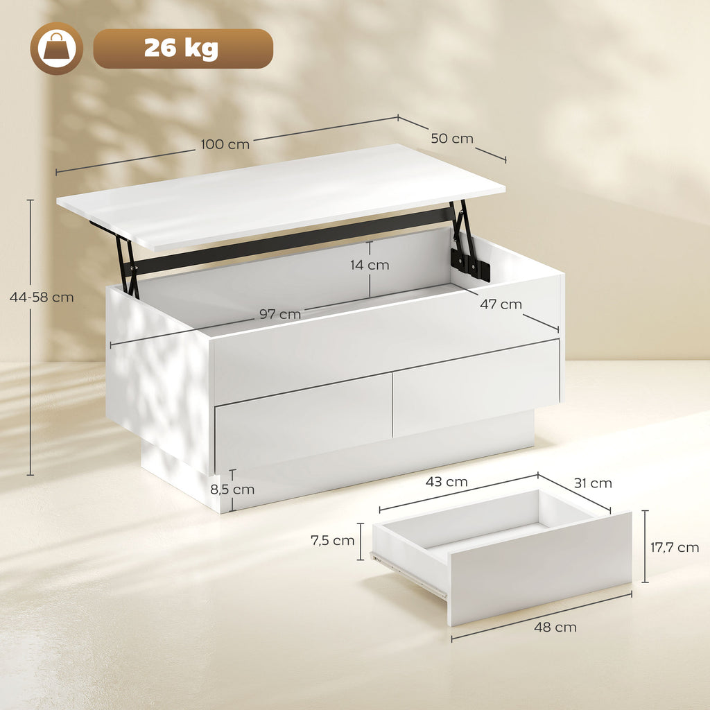 Mesa de Centro Elevável Mesa de Sala com Compartimento Oculto e 2 Gavetas 100x50x44 cm Branco — foto 2