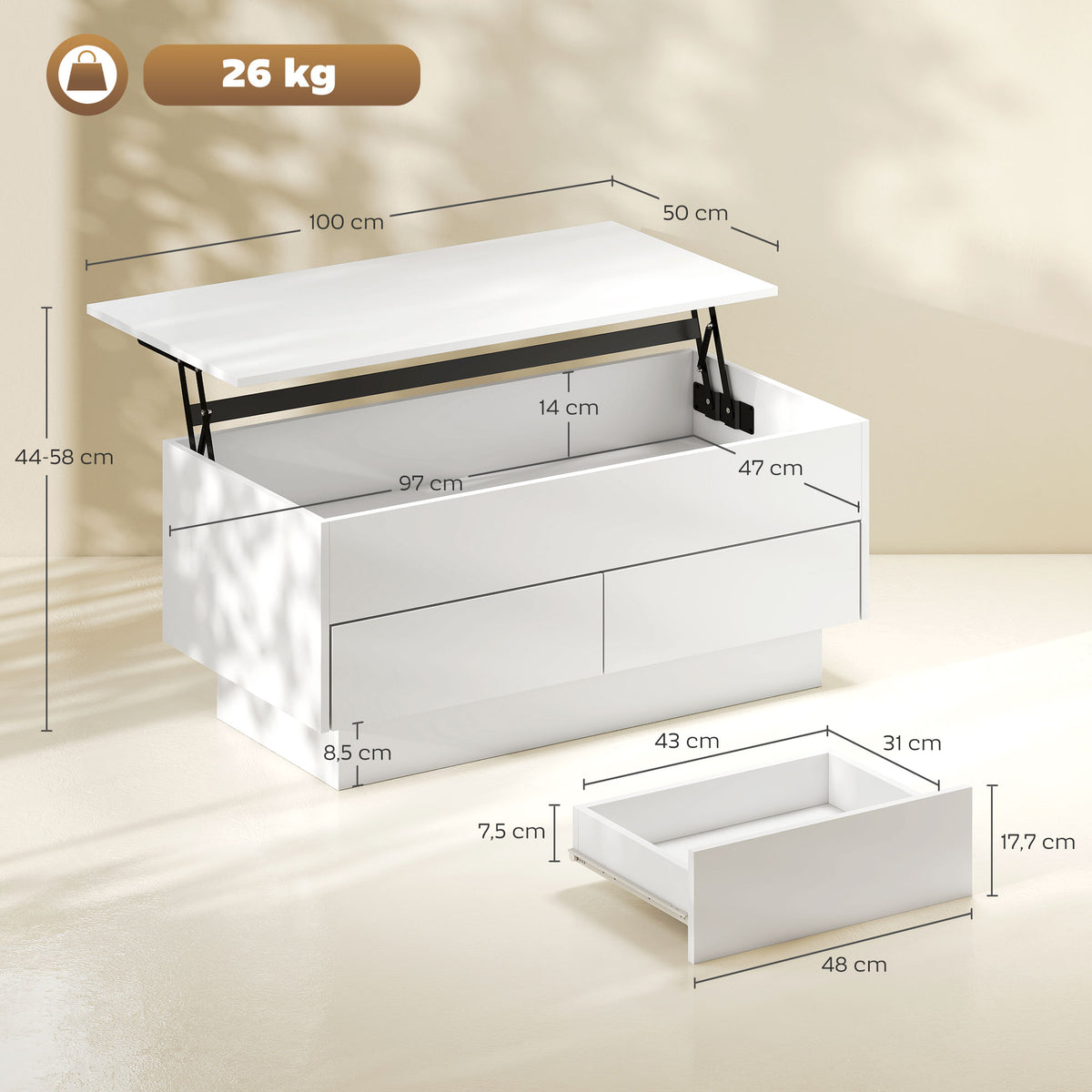 Mesa de Centro Elevável Mesa de Sala com Compartimento Oculto e 2 Gavetas 100x50x44 cm Branco — foto 2