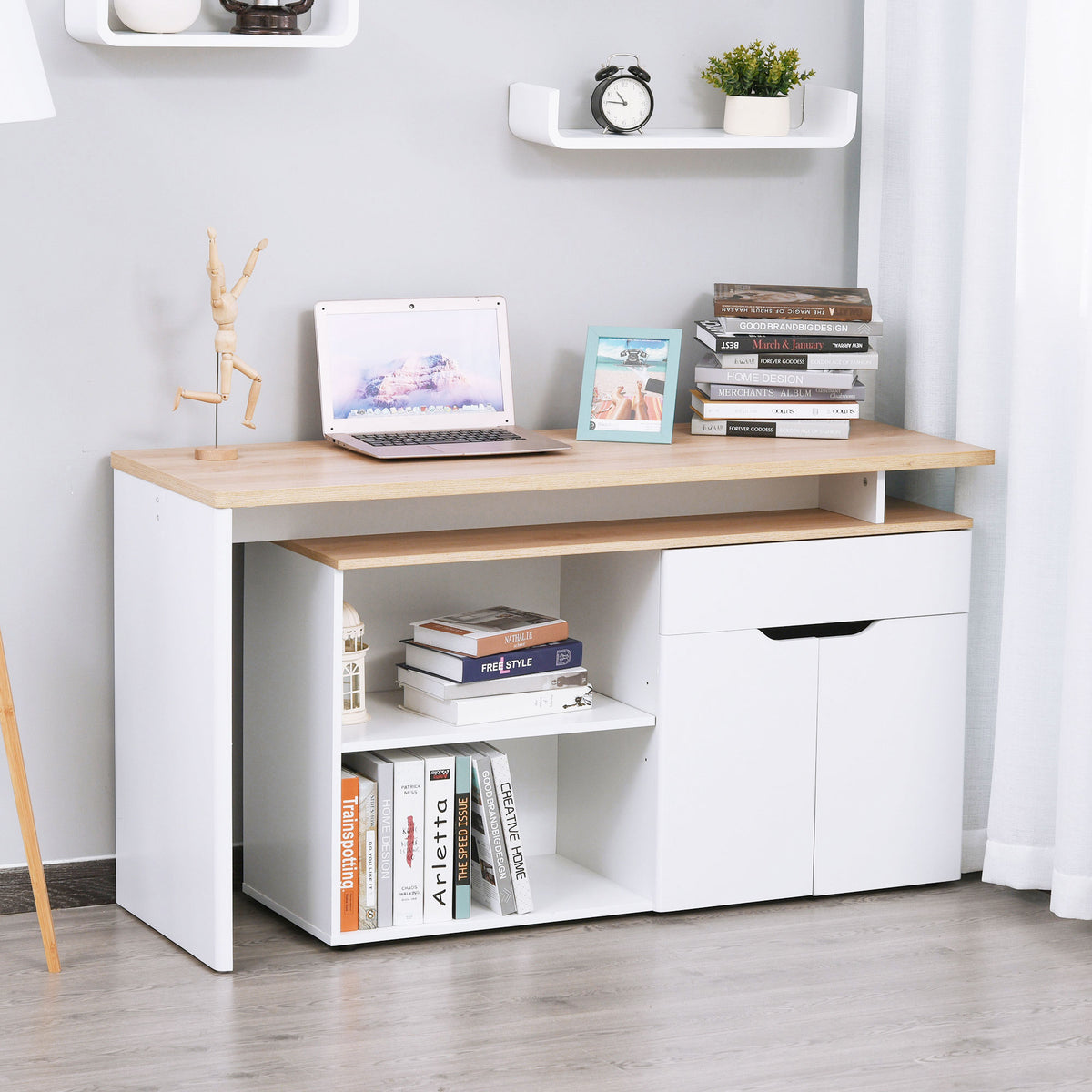 Escrivaninha para computador multimídia modular, multi-armazenamento, duplo nicho + gaveta e armário em madeira — imagem 3