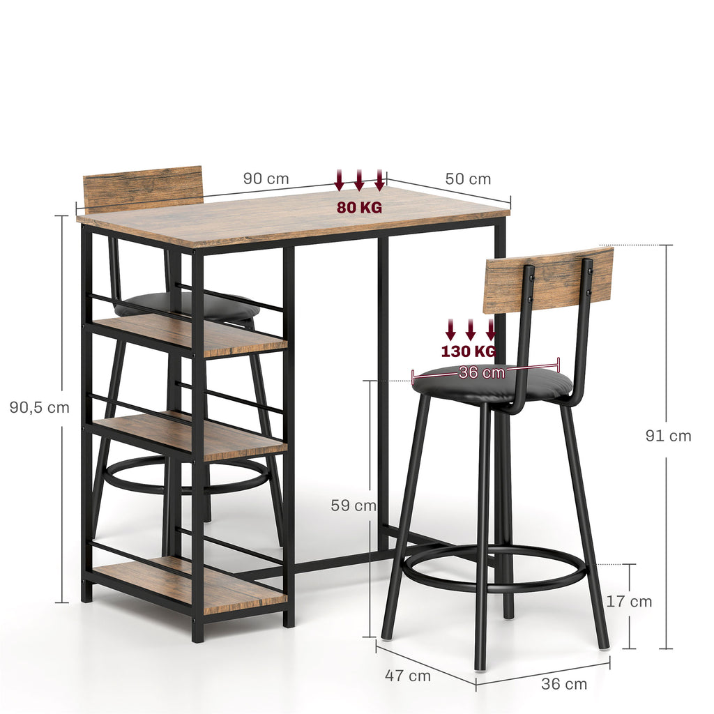 Conjunto de jantar 3 peças com mesa alta e 2 banquetas, conjunto compacto para cozinha com prateleiras laterais, MDF, metal, preto — foto 2