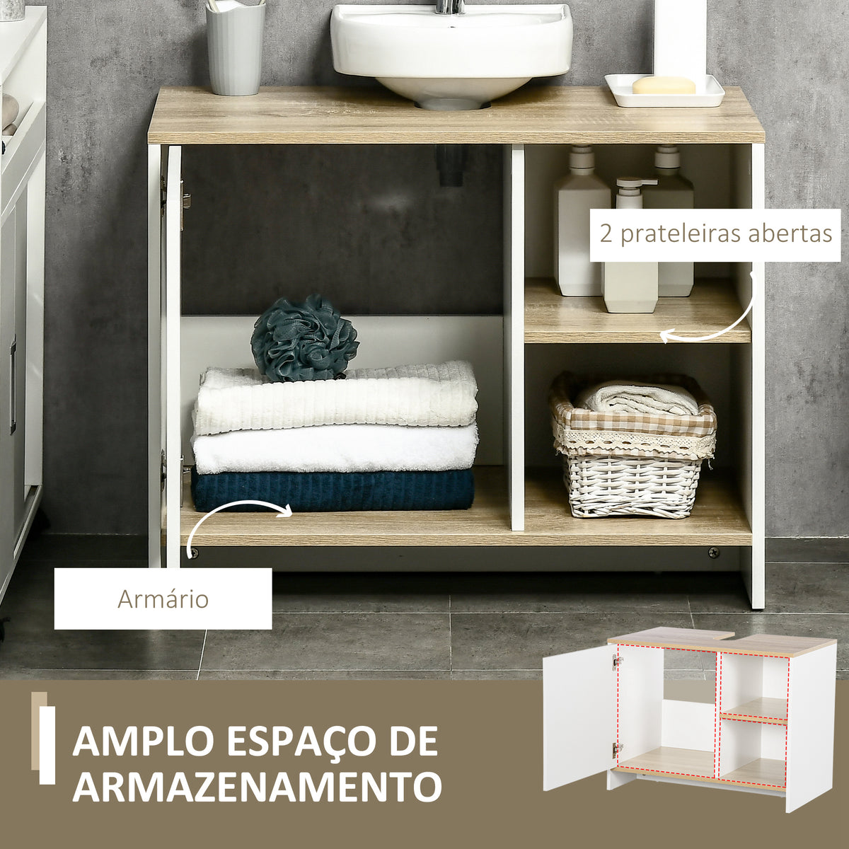 Móvel para Lavatório Pousar Móvel Casa de Banho Moderno com Prateleiras Abertas e Armário 77x45x60 cm Branco e Madeira — foto 5