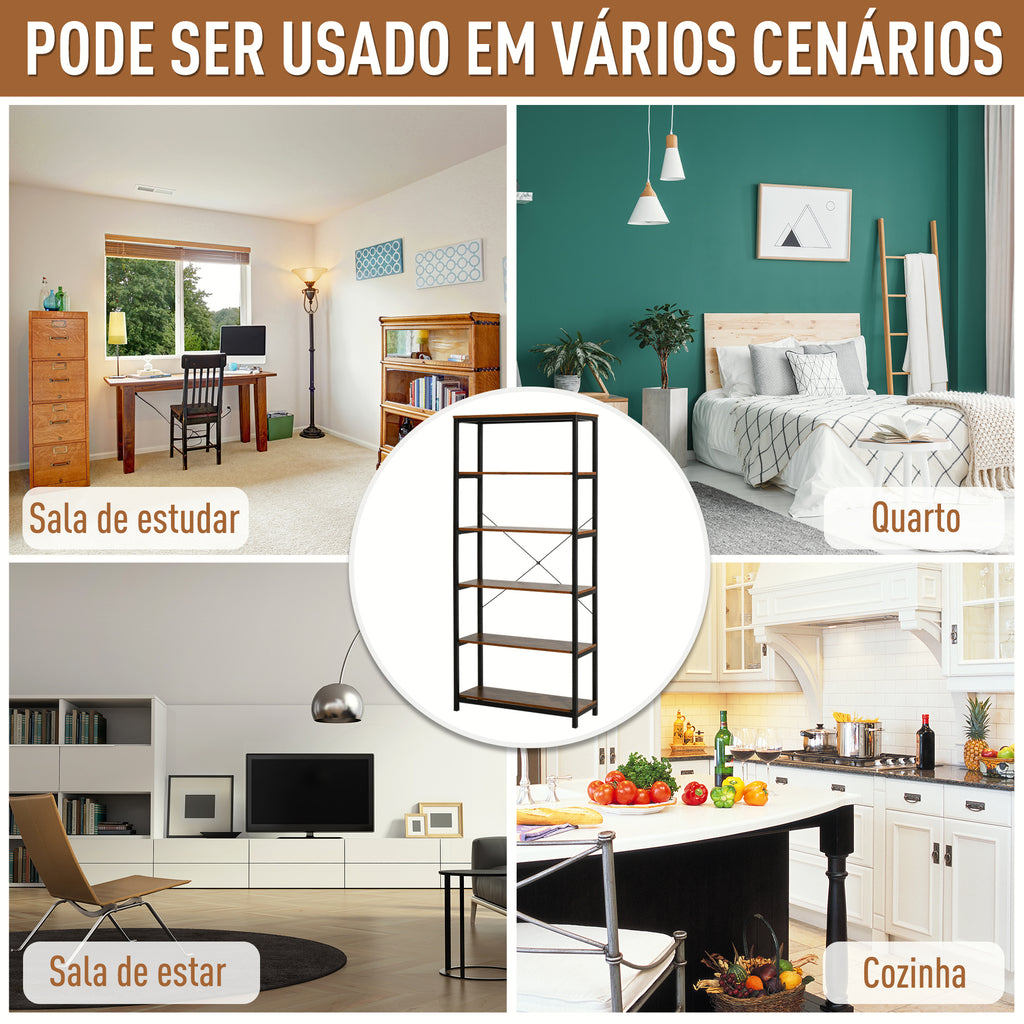 Estantes de estilo industrial com 6 prateleiras abertas para livros Armazenamento da sala de estar Escritório 80x30x180 cm Castanho Rústico — foto 6