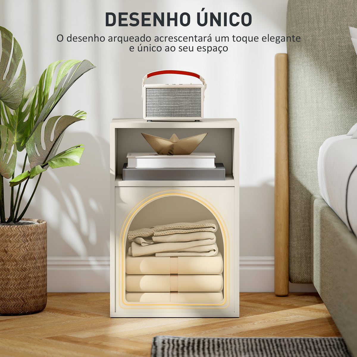 Mesa de Cabeceira Moderna Mesa de Cabeceira Estreita com 2 Compartimentos Abertos Desenho em Forma de Arco Mesa Auxiliar para Sala de Estar Quarto 40x30x60 cm Creme — foto 4