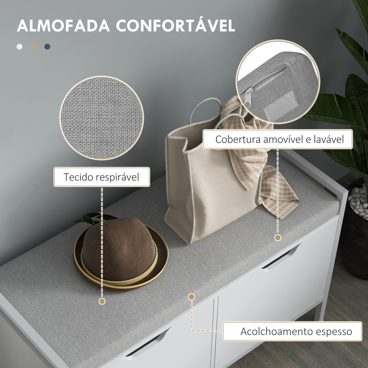 Banco Sapateira com Assento com Almofada Amovível para 4 Pares de Sapatos Banco Sapateira para Entrada Corredor Sala de Estar 84x35x50 cm Branco — foto 5