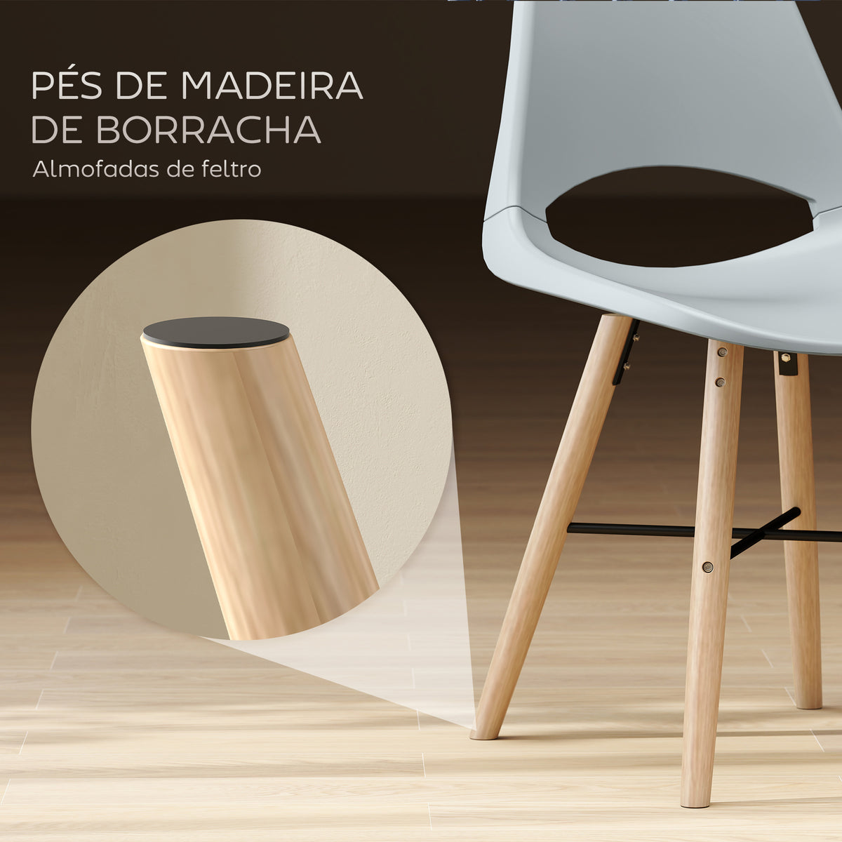 Conjunto de 2 Cadeiras de Jantar de Plástico Cadeiras de Cozinha Modernas com Encosto Curvado e Pés em Madeira de Borracha para Sala de Estar Quarto 47x49x84 cm Cinzento — foto 5