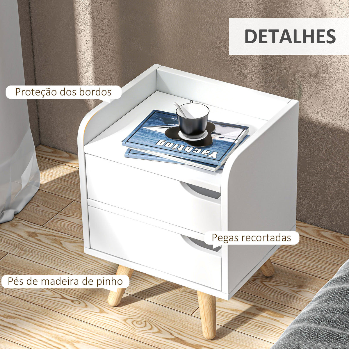 Mesa lateral de cabeceira multiuso para sala de estar ou quarto com 2 gavetas espaçosas Pernas de pinho elevado Design moderno 33x28x42cm Branco — foto 6