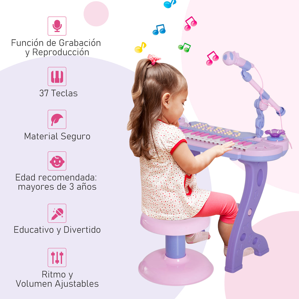 Órgão Electrónico Piano Infantil com Microfone Banquinho Luzes e 22 Canções cor Rosa — foto 5
