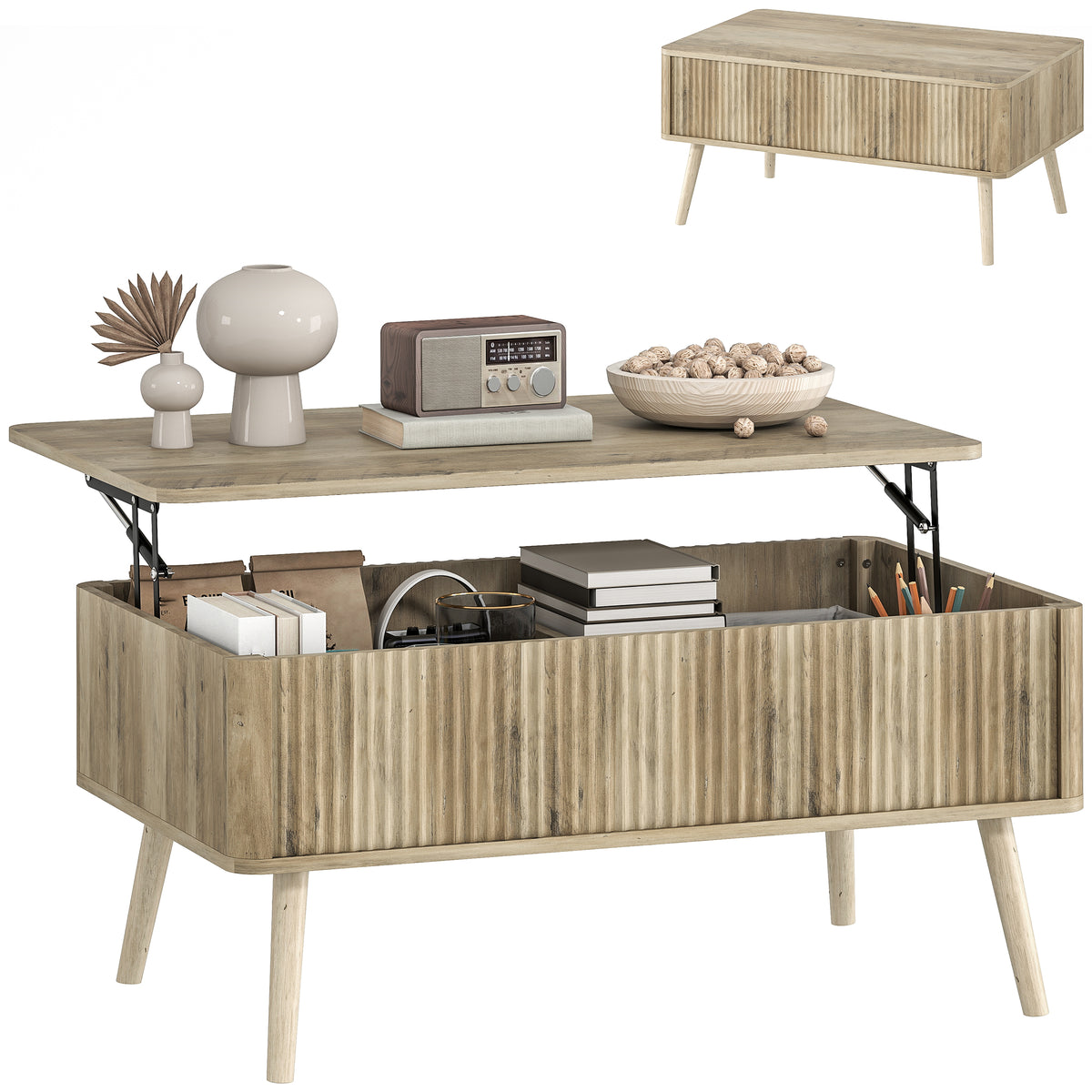 Mesa de Centro Elevatória Mesa de Café para Sala de Estar com Compartimentos Ocultos de Armazenamento e Pés de Pinho 91x56-80,5x43-57,5 cm Carvalho — foto 1