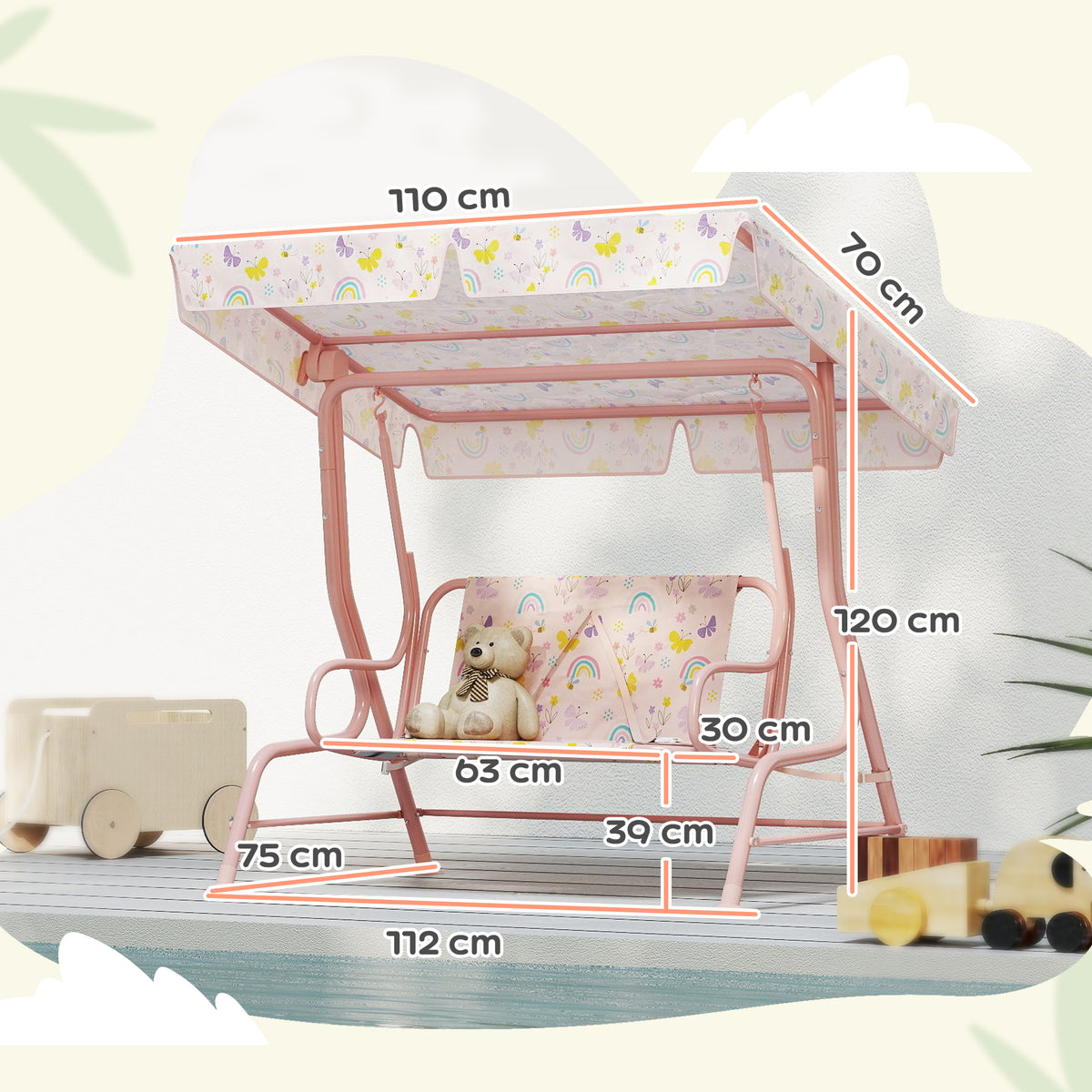 Baloiço de Jardim para Crianças acima de 3 Anos Baloiço Infantil de Exterior com 2 Lugares Toldo Ajustável Cinto de Segurança e Desenho de Borboletas 112x75x120 cm Rosa — foto 3