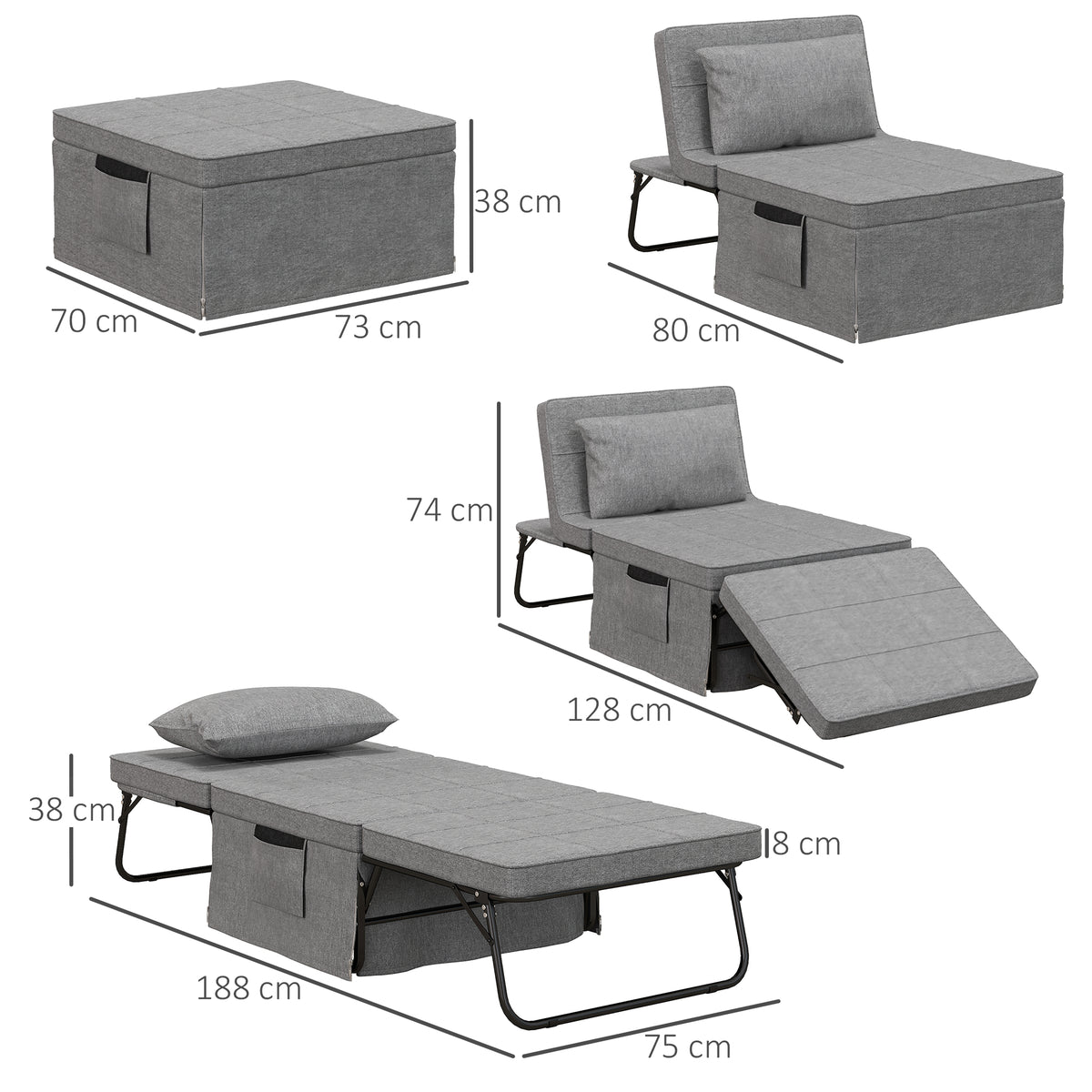Sofá Cama 4 em 1 Poltrona Cama Desdobrável Estofado em Linho com Encosto Ajustável em 5 Níveis e Almofada Acolchoada para Escritório, Quarto Sala 75x80x74 cm Cinza — foto 3