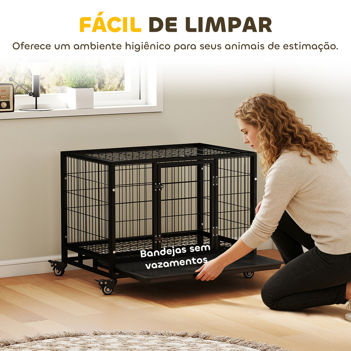 Gaiola de Metal para Cães com Rodas e Freios Bandeja Removível e Porta com Trava para Golden Retriver Labrador 92x62x75cm Preto — foto 6