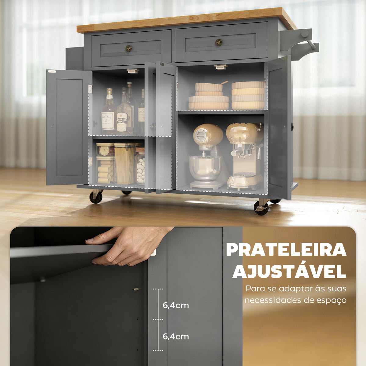 Ilha de Cozinha com Rodas Móvel Auxiliar de Cozinha com 2 Gavetas 4 Portas Suporte para Temperos e Barra Lateral 111x44,5x82,5 cm Cinzento e Madeira — foto 5