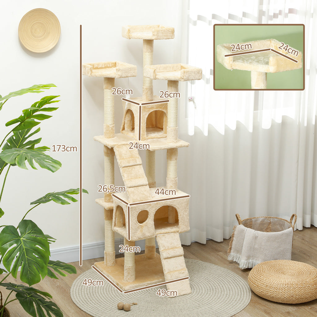 Arranhador para Gatos Grande 49x49x173 cm com Múltiplos Níveis Cavernas Brinquedos Suspensos Centro de Atividades de Sisal Bege — foto 3