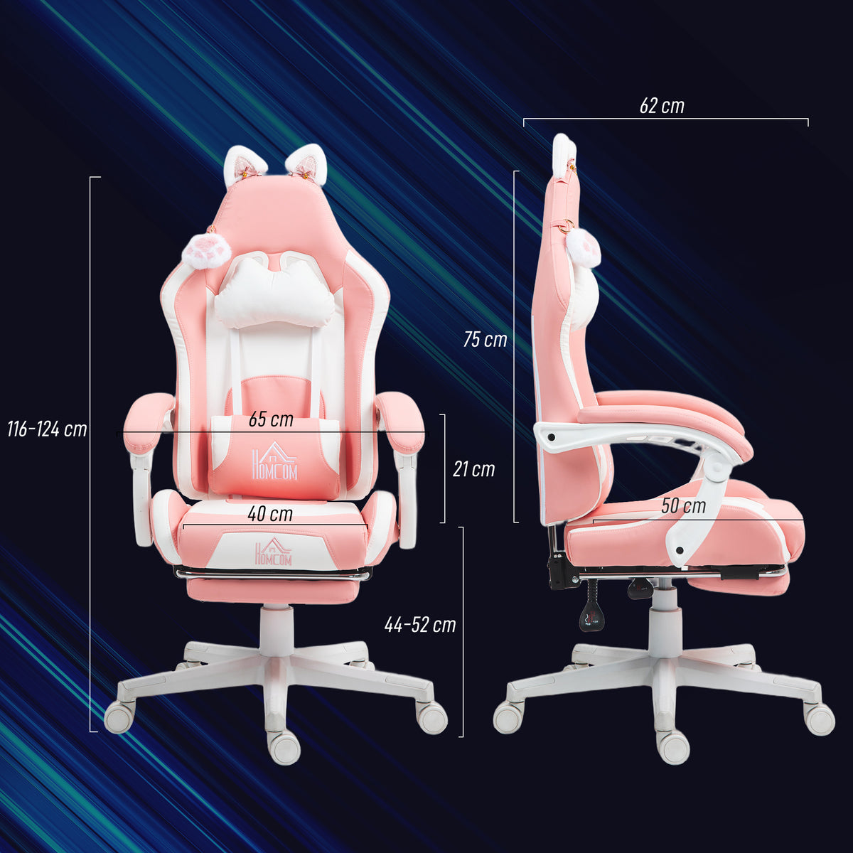 Cadeira Gaming com Orelhas Cadeira Gamer Reclinável com Altura Ajustável Apoio para os Pés Retrátil Suporte Lombar e Apoio para a Cabeça Desmontável Cadeira para Escritório 65x62x116-124 cm Rosa — foto 3