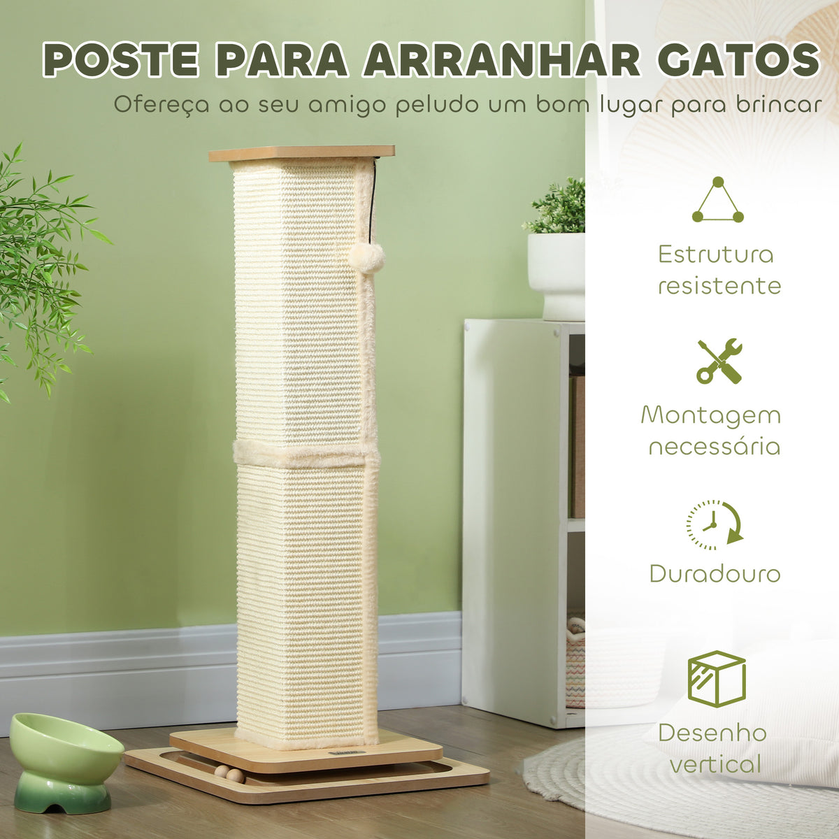 Poste Arranhador para Gatos 87 cm Arranhador para Gatos com Bola Suspensa Trilho com Bola e Poste de Sisal Bege e Madeira — foto 5