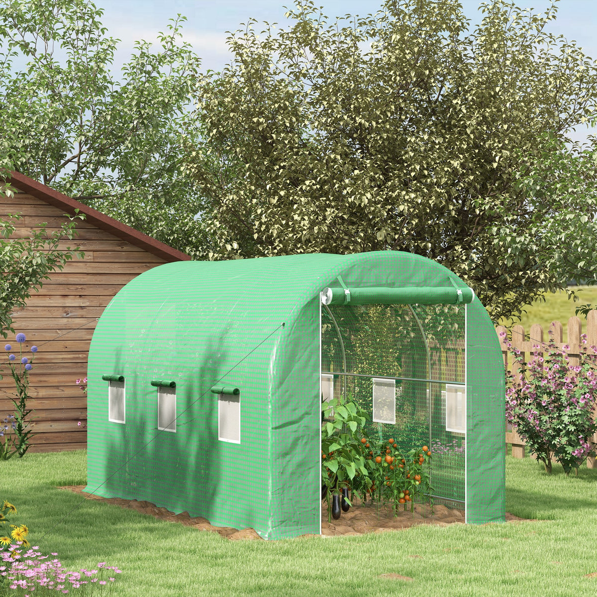 Estufa tipo Túnel 400x200x205 cm Estufa de Jardim com Porta Enrolável e 6 Janelas Cobertura de PE 140 g/m² Estrutura de Metal para Cultivo de Plantas Verduras Verde — foto 2