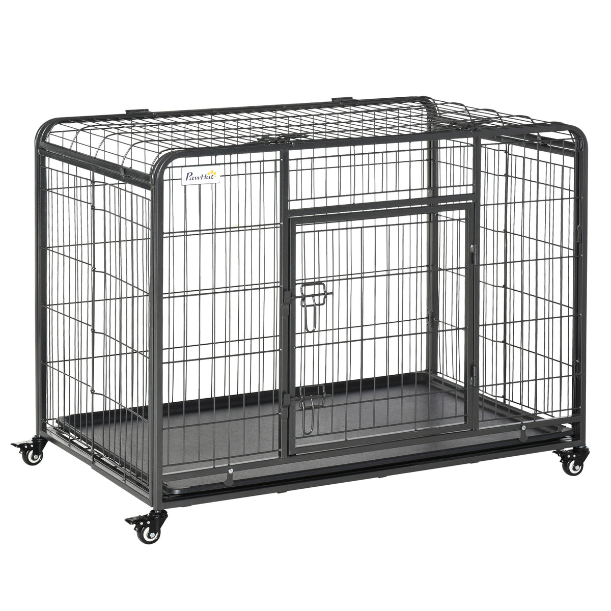Gaiola de metal dobrável para cães com rodas e freios Bandeja removível e porta com travas 109,5x71x78 cm Cinza escuro — foto 1