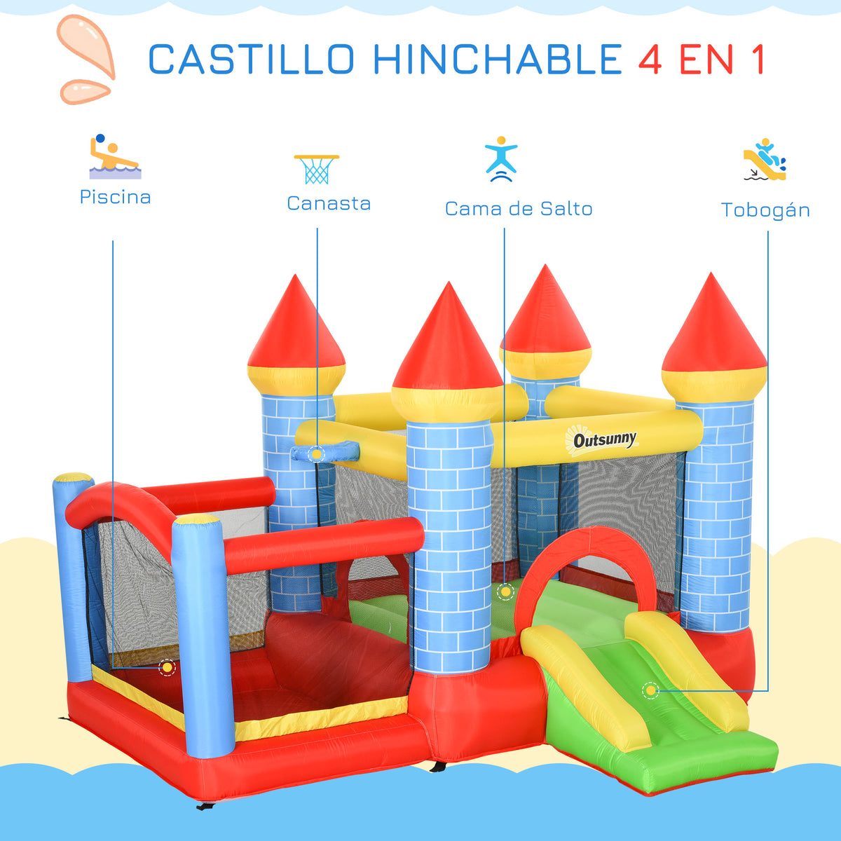 Castelo inflável Infantil com Escorrega Trampolim Insuflador e Bolsa de Transporte para Interior e Exterior 280x260x210 cm Multicolor — foto 4
