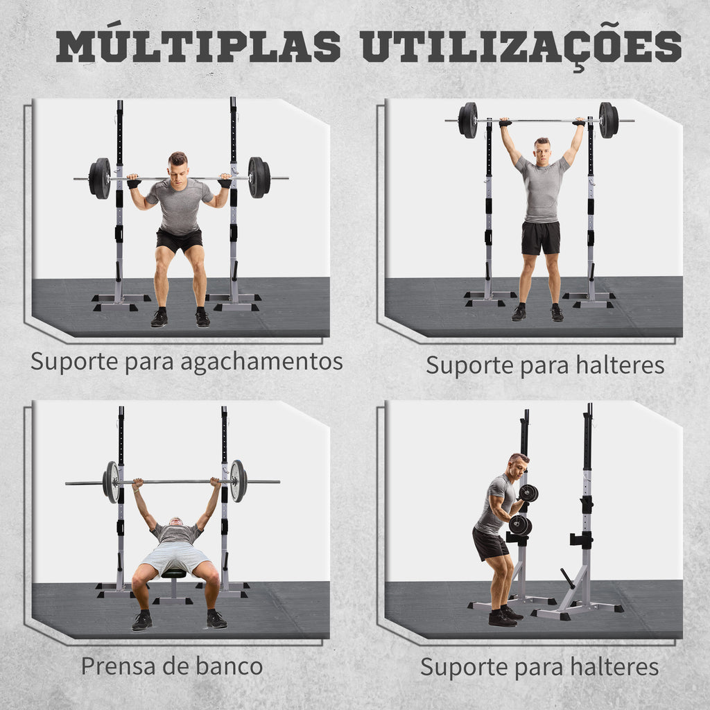 Suporte para Barras de Pesos Ajustável Estante Multifuncional 2 Peças de Aço Treinamento em Casa Peso 200 kg 58,5x75,5x136-176 cm Prata e Preto — foto 7