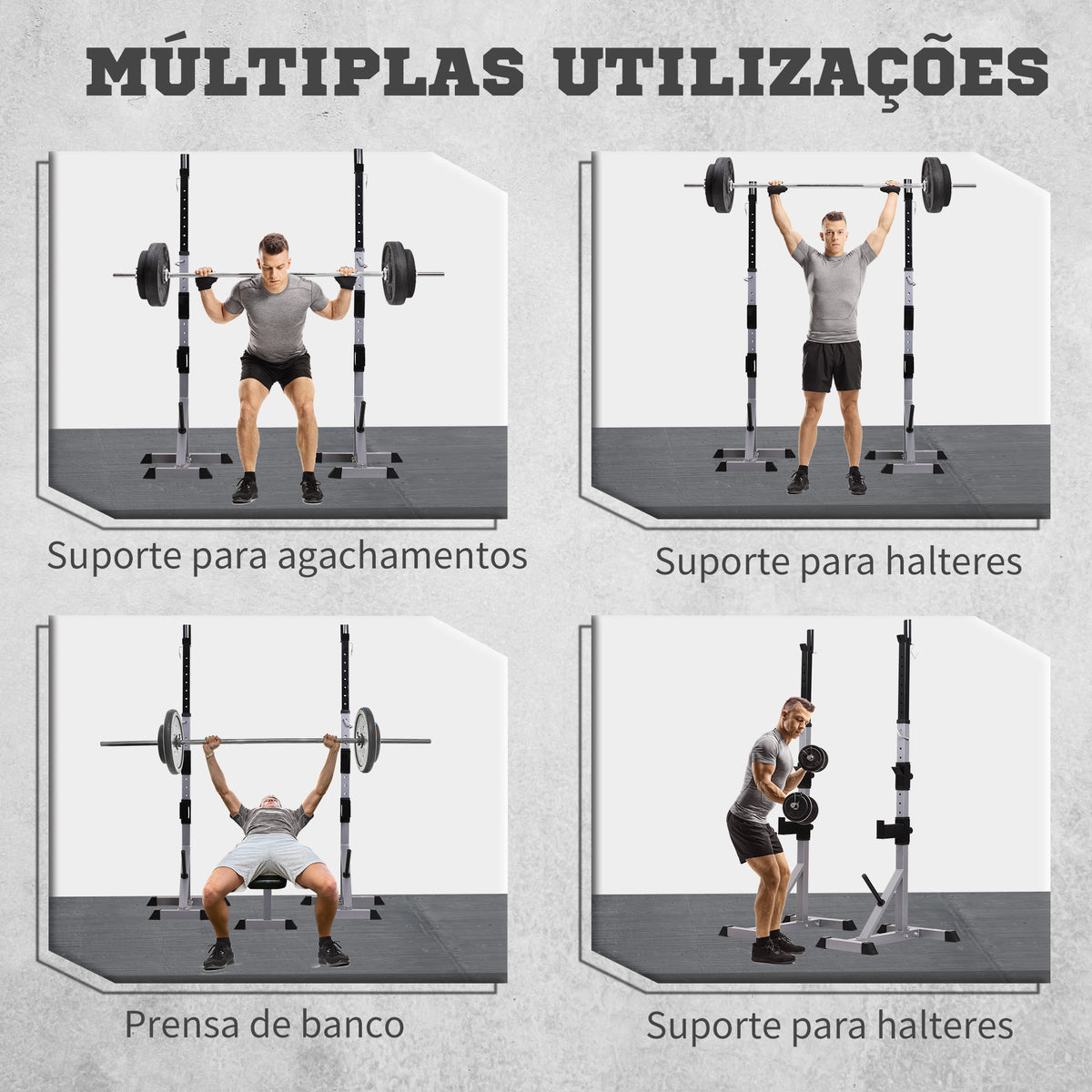 Suporte para Barras de Pesos Ajustável Estante Multifuncional 2 Peças de Aço Treinamento em Casa Peso 200 kg 58,5x75,5x136-176 cm Prata e Preto — foto 7
