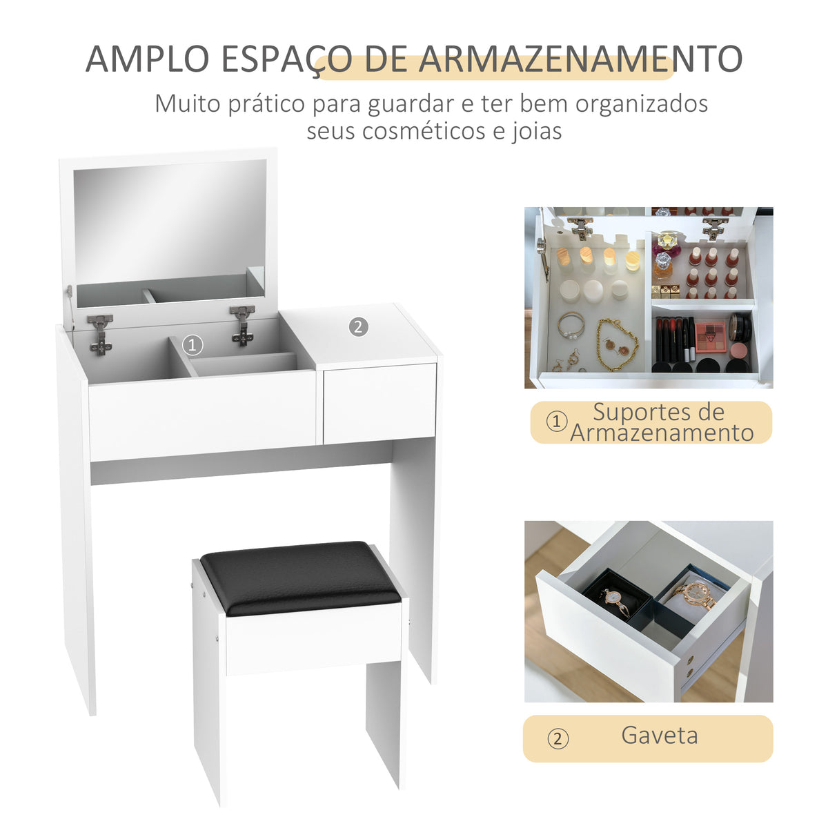 Toucador de Maquilhagem com Branco e Tampa Dobrável Mesa de Maquilhagem com Compartimentos e Gaveta 80x40x79cm Branco — foto 5