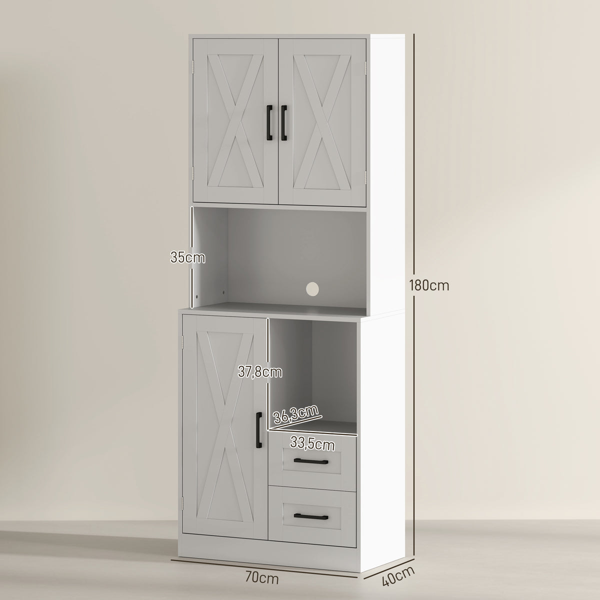 Armário de Cozinha Rústico Armário Alto de Cozinha com Portas Compartimentos Abertos Gavetas e Prateleiras Ajustáveis Anti-Tombo para Sala de Jantar 70x40x180 cm Branco — foto 3