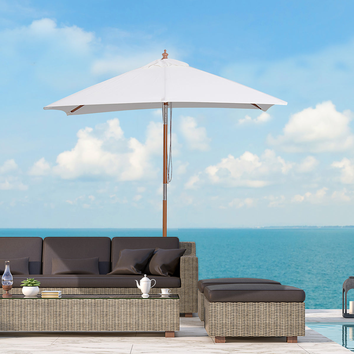 Chapéu de Sol de Jardim 200x150x230cm Chapéu de Sol Retangular Inclinável com Polia Duplo Teto e Mastro Desmontável de Madeira para Terraço Pátio Creme — foto 2