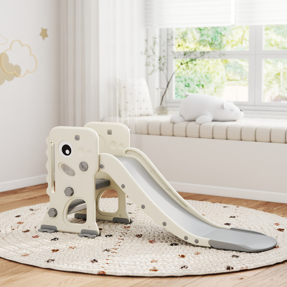 Escorrega Infantil 3 em 1 Escorrega para Crianças dos 2 aos 5 Anos Dobrável com Escada Cesto de Basquetebol Desenho de Dinossauro e Fivelas Reforçadas para Interior 146x52x65 cm Creme e Cinza — foto 2