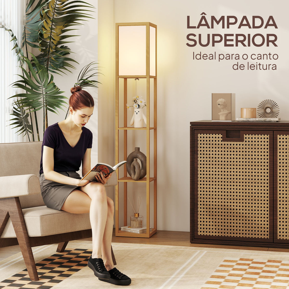 Candeeiro de Pé de Madeira com 3 Prateleiras De Armazenamento para Lâmpada E27 Potência Máx. 40W Candeeiro Moderno para Sala de Estar Dormitório 26x26x160 cm Madeira e Branco — foto 5