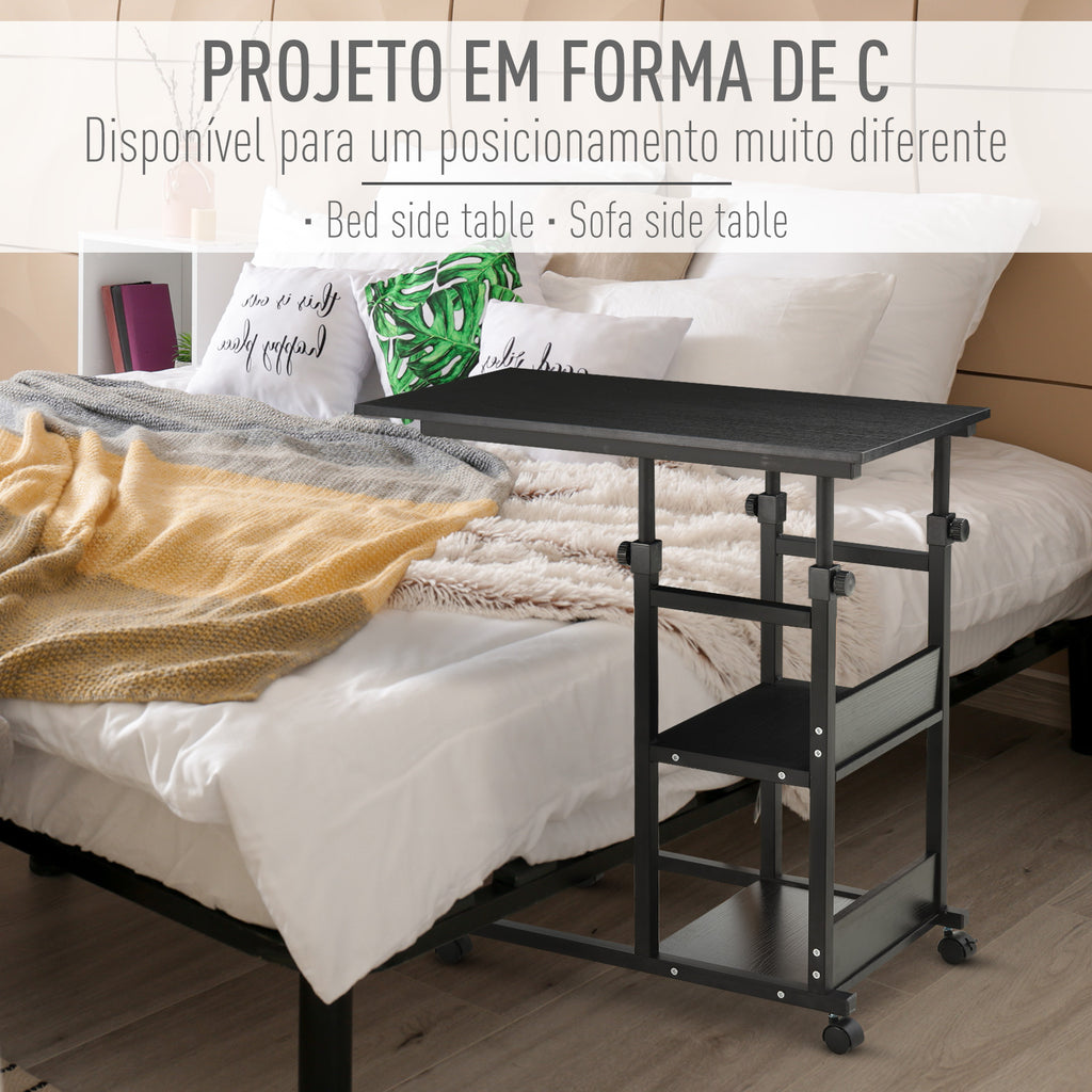 Mesa Lateral para Sofá Mesa lateral em Forma de C com 4 rodas Giratórias Freios Altura Ajustável 3 níveis Estrutura Metálica 80x40x72-82cm Preto — foto 4
