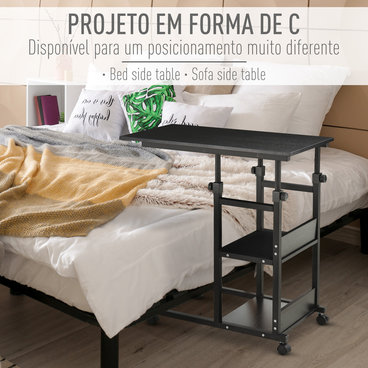Mesa Lateral para Sofá Mesa lateral em Forma de C com 4 rodas Giratórias Freios Altura Ajustável 3 níveis Estrutura Metálica 80x40x72-82cm Preto — foto 4