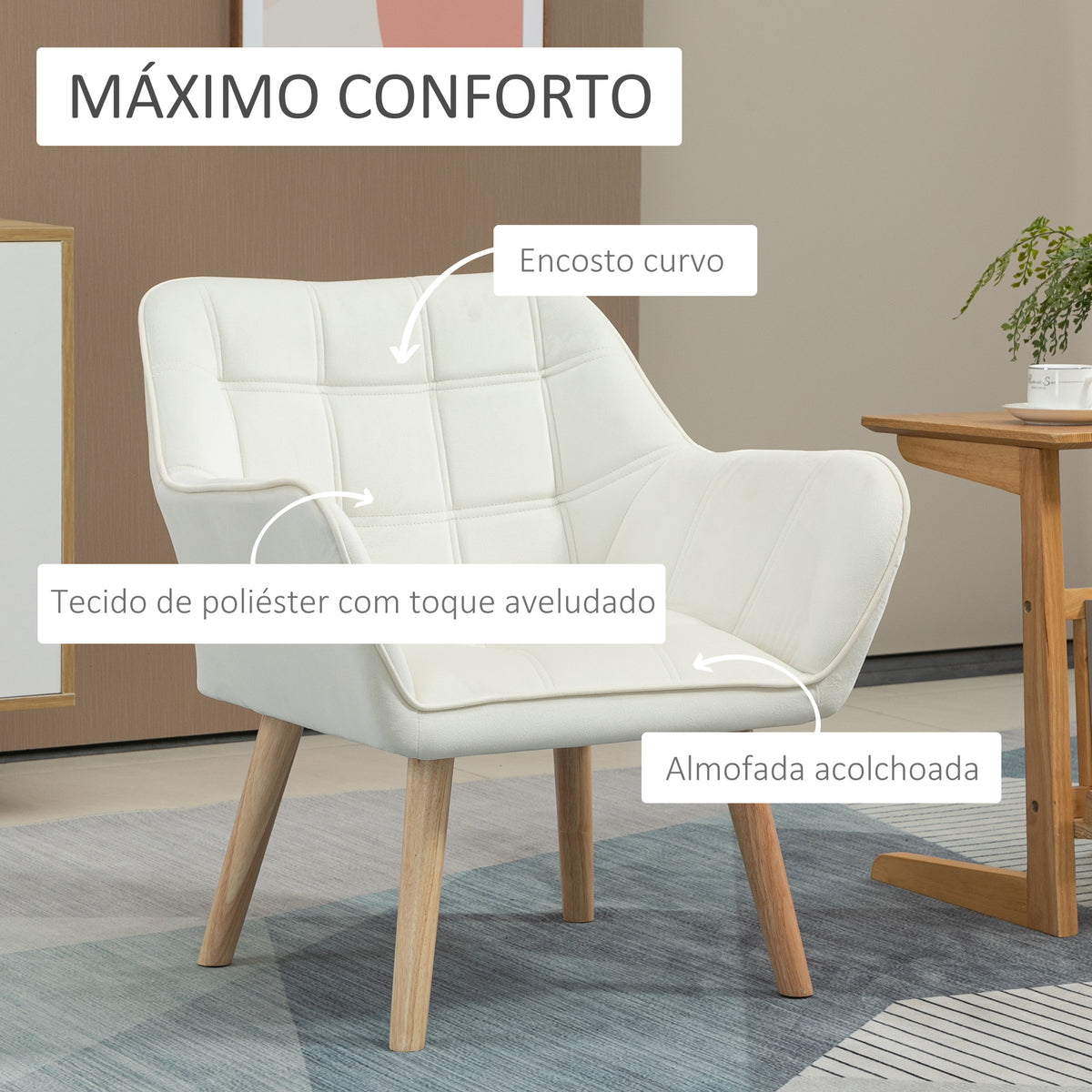 Poltrona Moderna Poltrona de Leitura Estofada em Veludo com Assento Amplo Pés em Madeira Poltrona Relax para Sala de Estar Quarto 67x61,5x71 cm Creme — foto 4