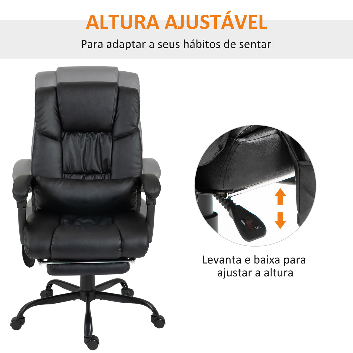 Cadeira de Escritório com Massagem de 6 Pontos Cadeira Giratória com Encosto Alto Reclinável Altura Ajustável Apoio para Pés e Controlo Remoto 66x75x112-122 cm Preto — foto 4