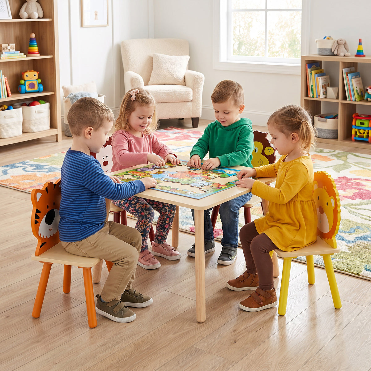 Conjunto Mesa para Criança com 4 Cadeiras 5 Peças em Madeira, Encosto em Forma de Animal, Cantos Arredondados, 3-8 Anos, Amarelo — imagem 3
