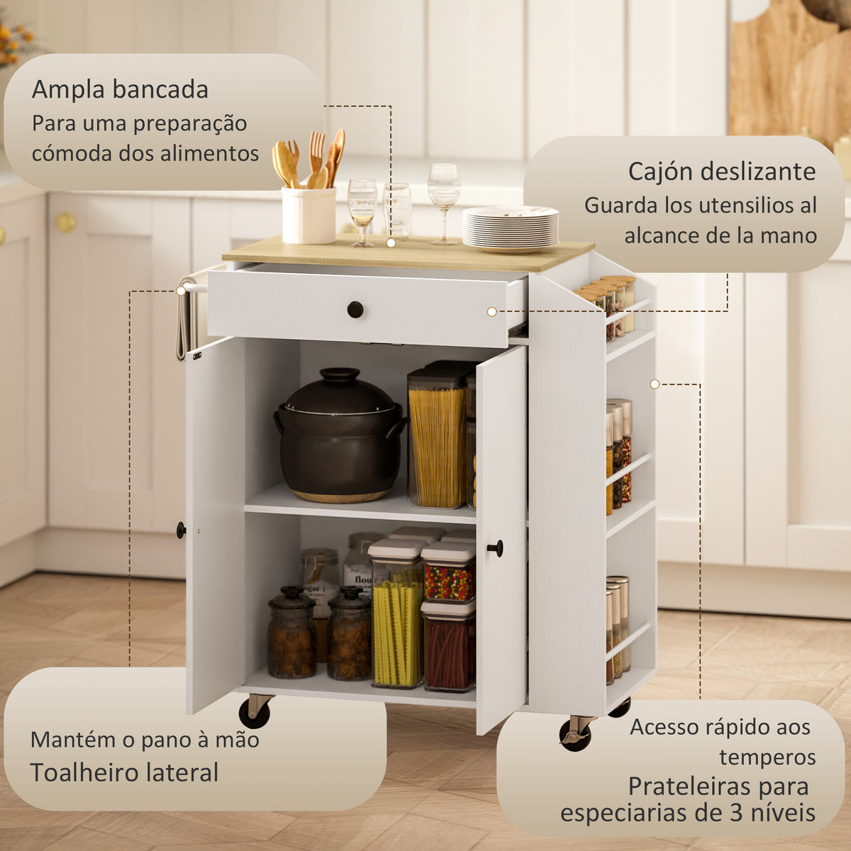 Ilha de Cozinha com Rodas Carrinho de Cozinha Móvel Auxiliar de Cozinha com 2 Portas Gaveta Suporte para Temperos de 3 Níveis e Prateleira Ajustável 82x38x86,5 cm Branco — foto 4