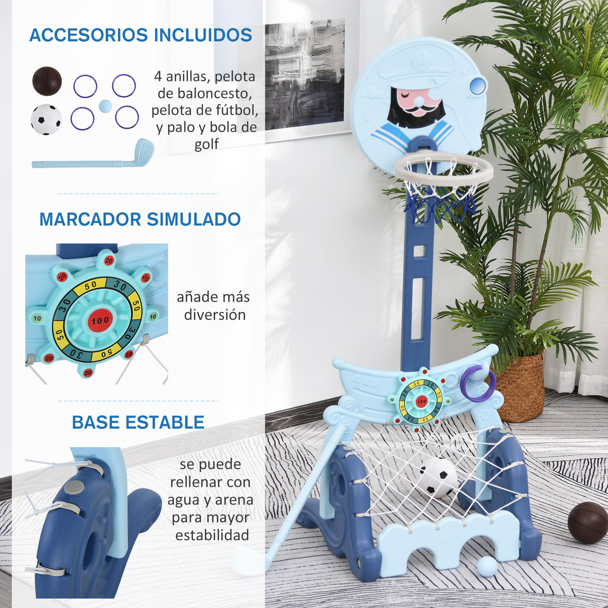 Tabela de Basquetebol 4 em 1 com Altura Ajustável para Crianças acima de 3 Anos Centro de Atividades Jogo de Golf Bola de Futebol 58x56x154cm Azul — foto 4