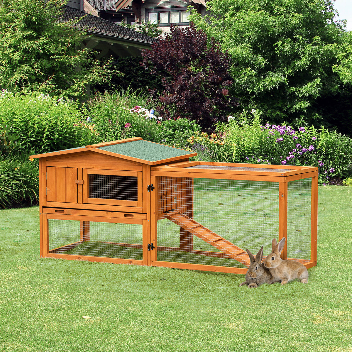 Coelheira de Madeira Exterior Gaiola para Coelhos de 2 Níveis com Teto Asfáltico 2 Áreas Cercadas Bandeja Removível 2 Portas Janela e Rampa 157,4x53x93,5cm Madeira Natural — foto 2