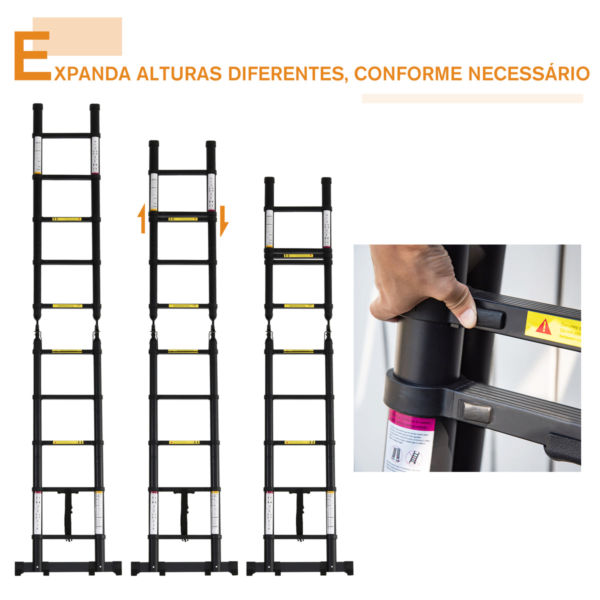 Escada Telescópica dobrável Multifuncional estavél quadro em A portátil de 10 passos 3 formas Carga 150kg Preto Alumínio 320x67x7 — foto 4