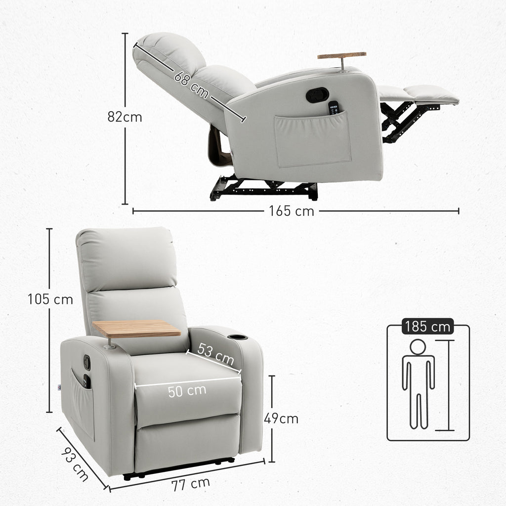 Poltrona de Massagem Poltrona Relax Elétrica com 4 Modos de Vibração Reclinação 145° Estofada em Microfibra Controlo Remoto Mesa 2 Bolsos Laterais e Suporte para Copos 77x93x105 cm Cinza — foto 3