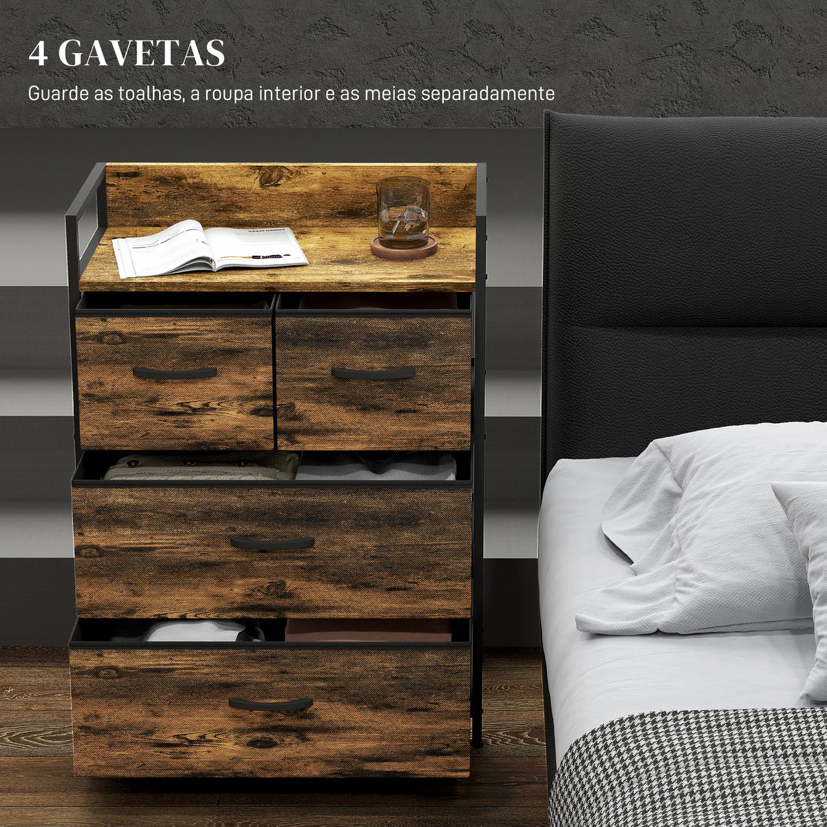 Cómoda de Quarto Armário de Armazenamento com 4 Gavetas Dobráveis Prateleira Aberta e Estrutura de Aço para Sala Entrada 60x29x85 cm Castanho Rústico — foto 4