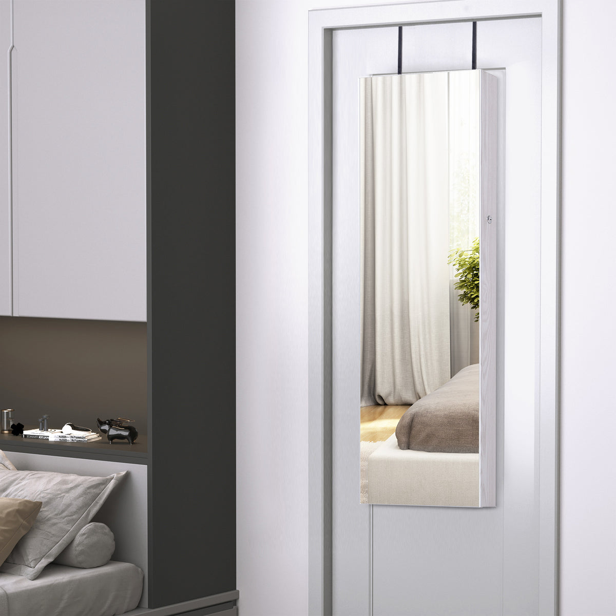 Espelho com Móvel de Bijuterias de Parede ou Porta Espelho de Parede com LED 5 Prateleiras 2 Gavetas pequenas e Fechadura 37x120x10cm Cinza Claro — foto 2