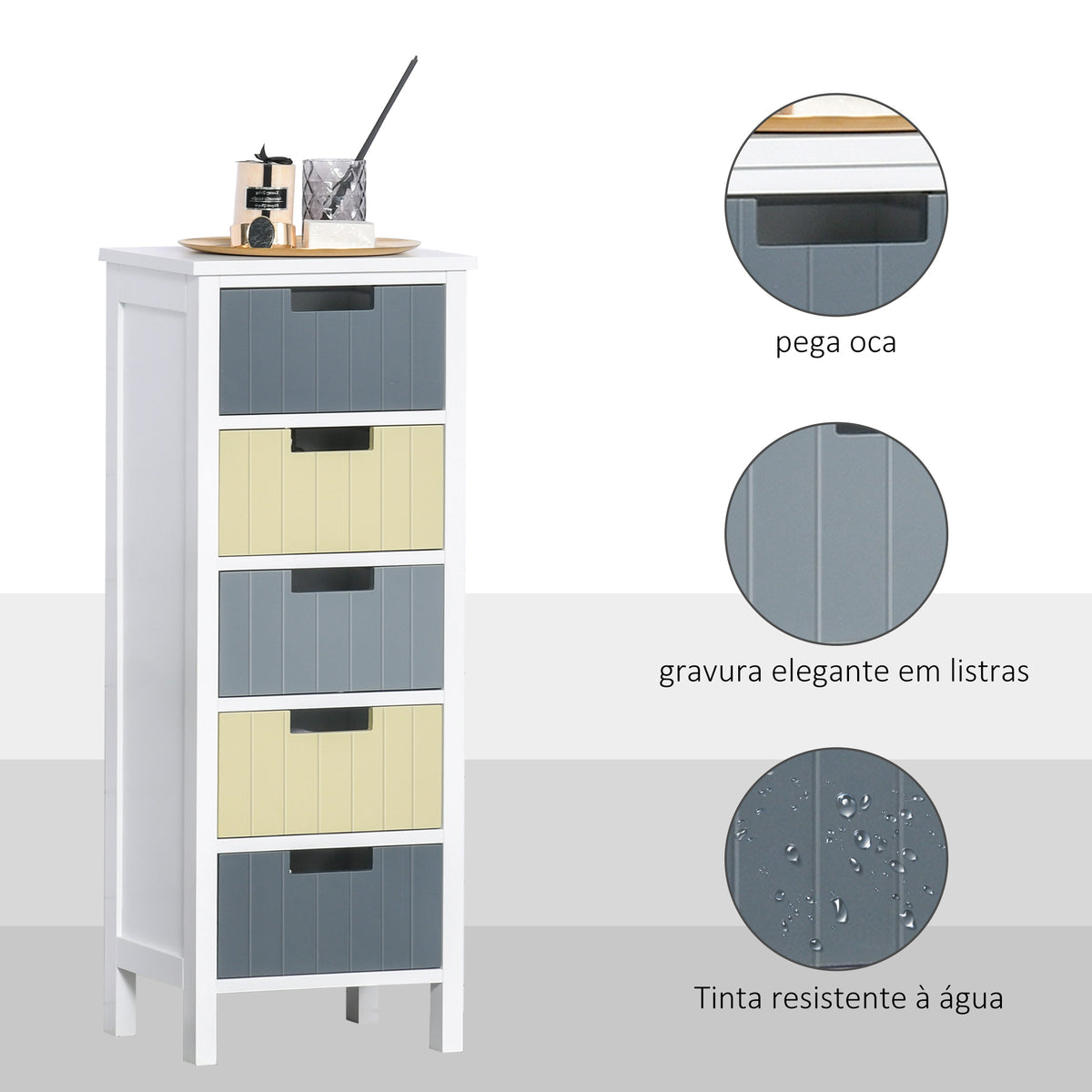 Cómoda de Madeira com 5 Gavetas Cómoda Auxiliar de Armazenamento com Pés Elevados Estilo Moderno para Dormitório Sala de Estar Casa de Banho 35x28x90,5cm Multicor — foto 4