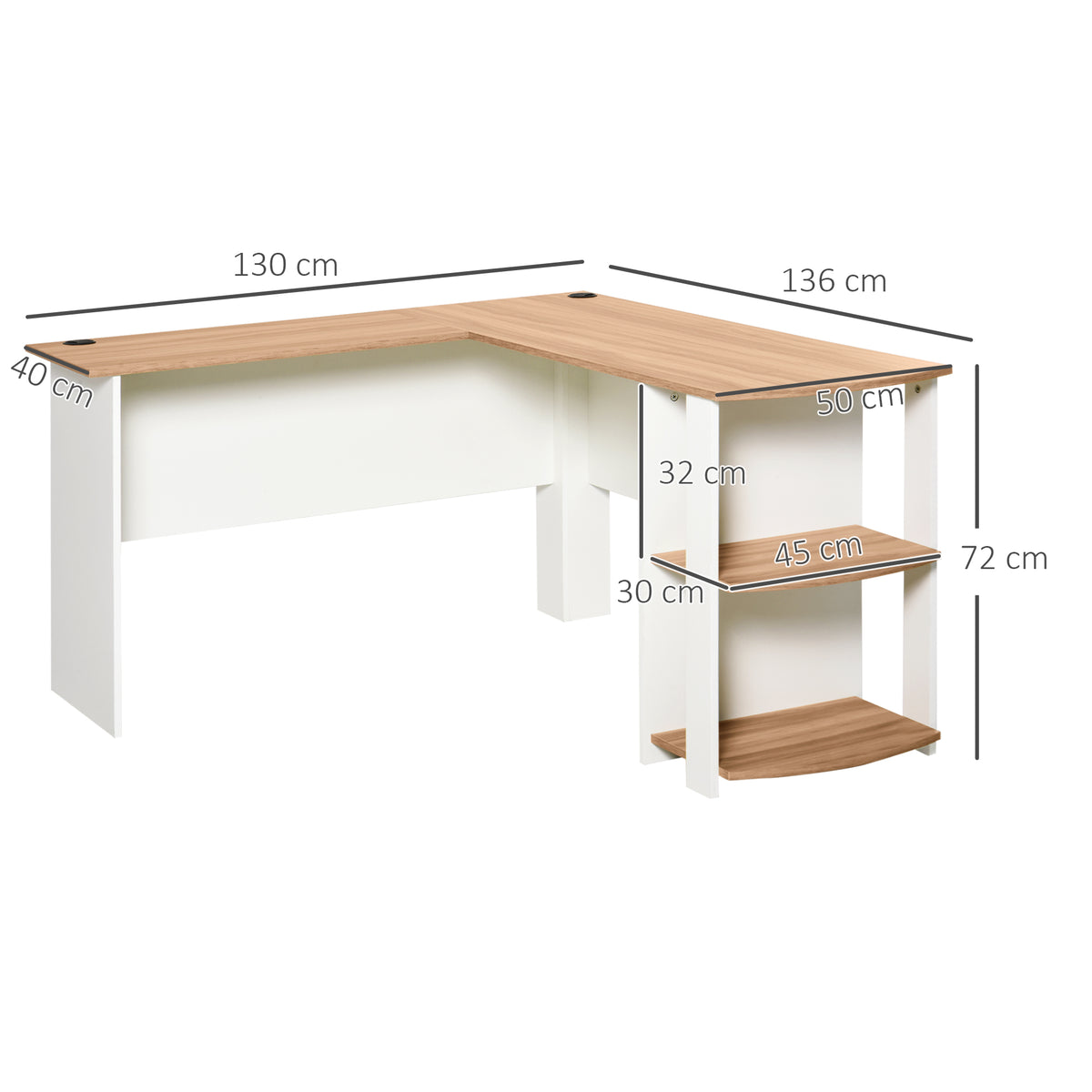 Secretária de Canto Mesa de Computador para Escritório Casa em Forma de L com Prateleiras 136x130x72 cm Branco e Madeira — foto 3