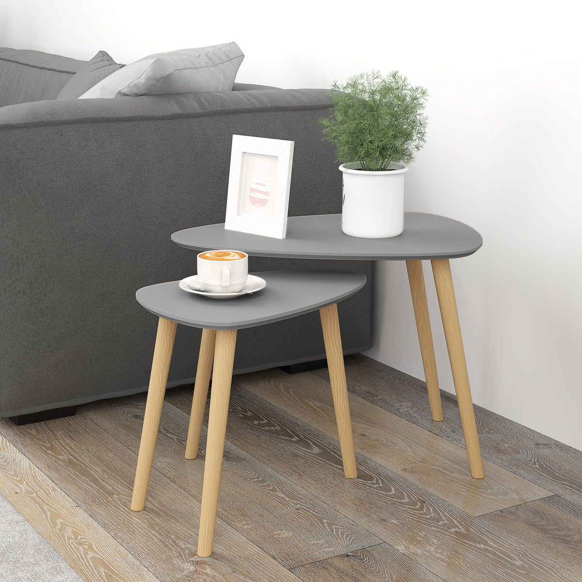 Conjunto de 2 Mesas Auxiliares com Pés de Madeira Mesas de Café para Sala de Estar Dormitório Escritório 59,5x39,5x45cm e 44,5x28,5x40 cm Cinza — foto 2