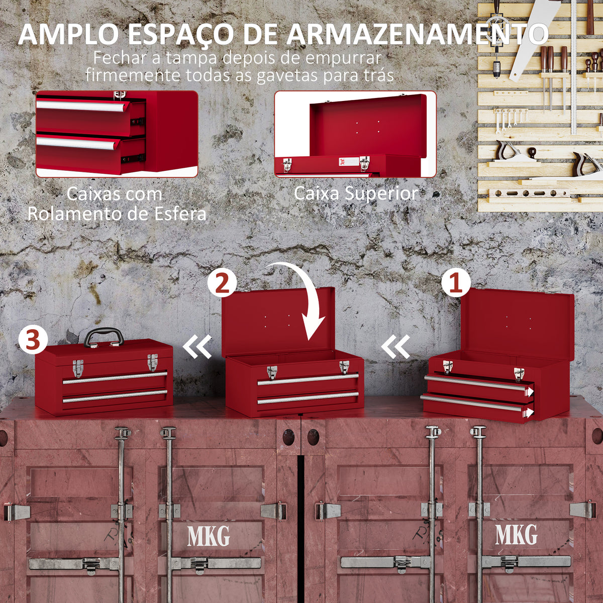 Caixa de Ferramentas de Aço com 2 Gavetas Tampa Abatível e Fechaduras Metálicas Mala de Ferramentas Portátil para Oficina Bricolage Casa 46x24x22 cm Vermelho — foto 5