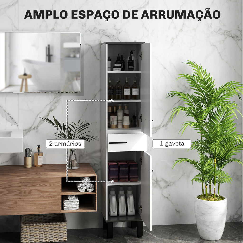 Coluna Casa de Banho Armário Alto Casa de Banho com Gaveta 2 Portas e Prateleiras Ajustáveis Móvel Auxiliar Casa de Banho Moderno Anti-Tombo 34x34x170 cm Branco — foto 4