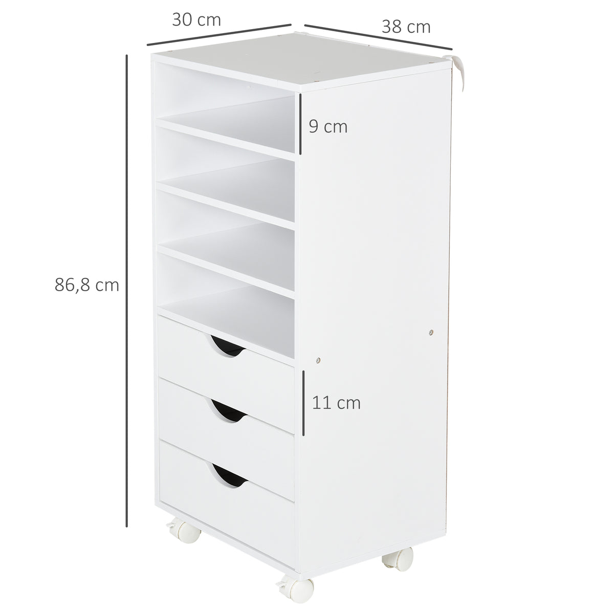 Móveis auxiliares para escritório Estudo Grande espaço de armazenamento com 3 gavetas 4 prateleiras abertas 4 rodas 40x30x83 cm Branco — foto 3