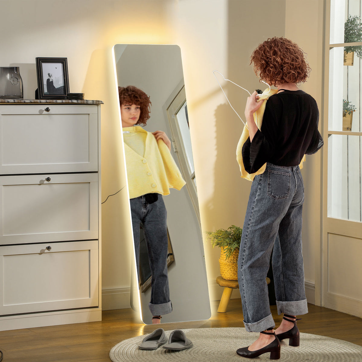 Espelho de Pé com Luz LED 40x150 cm Espelho de Corpo Inteiro sem Estrutura com Iluminação de 3 Cores Função de Memória e Tátil para Sala de Estar Dormitório Transparente — foto 2