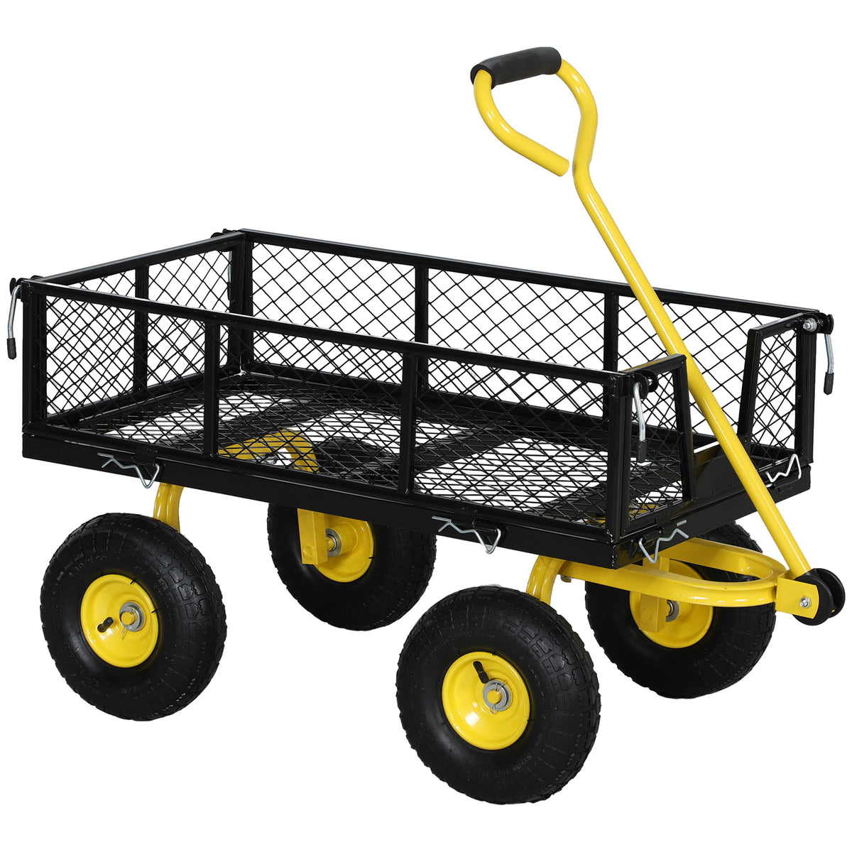 Carrinho de Jardim Carga 200 kg Carrinho de Praia com Paineis Laterais Desmontáveis Guiador Giratório 180° e 4 Rodas Grandes de Borracha Preto e Amarelo — foto 1